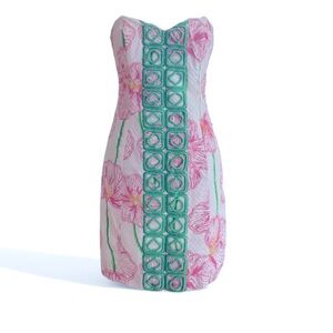 Lilly Pulitzer Pink Floral Strapless Dress with Green Crochet Trim